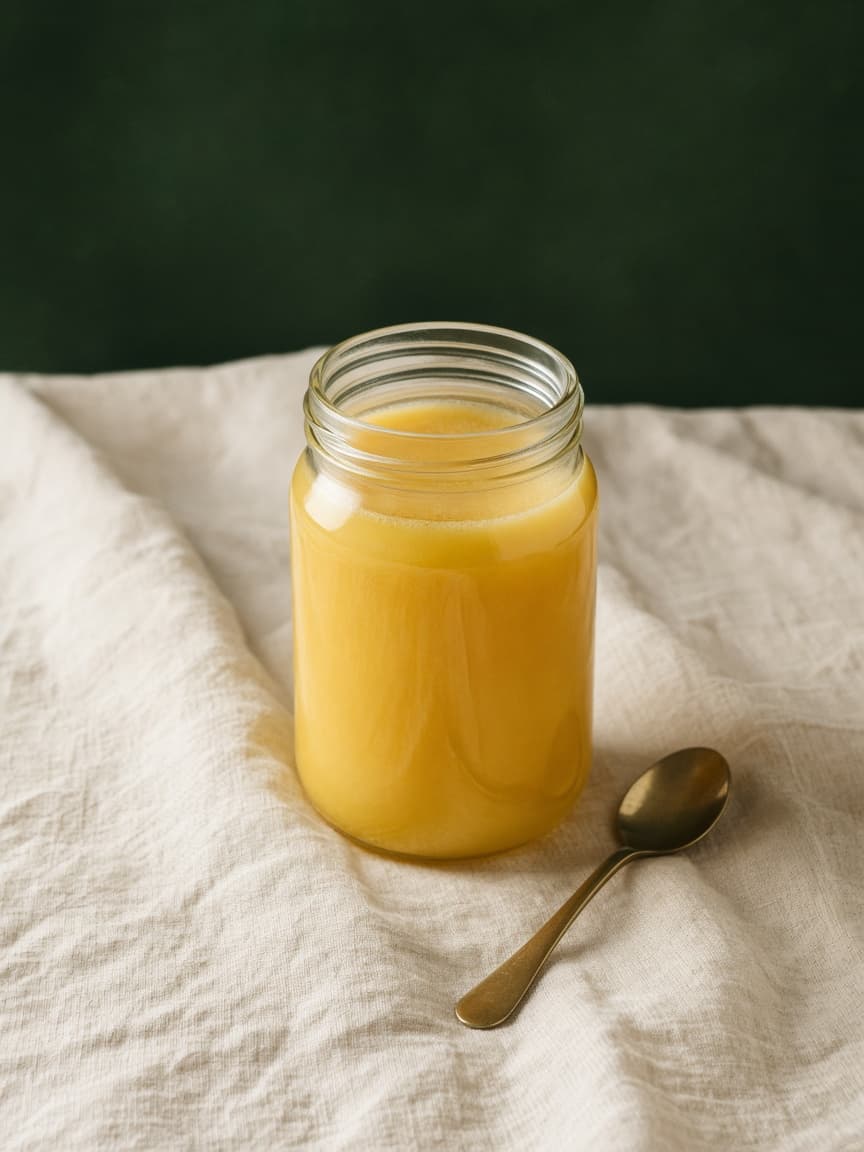 An open glass jar of golden ghee on cream linen, with a brass spoon beside it.