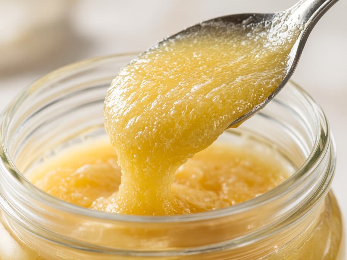 A steel spoon lifting thick, grainy golden ghee from a glass jar.