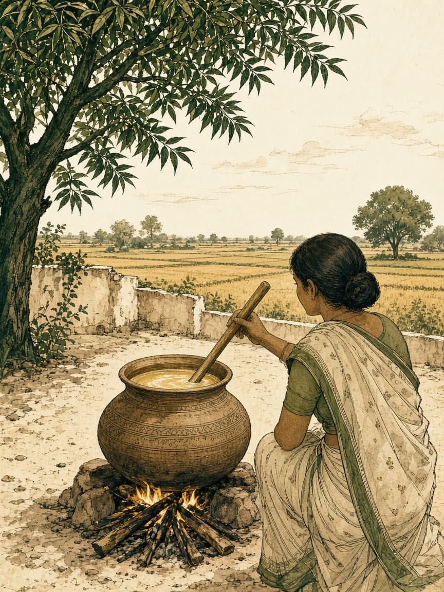 Illustration of ghee being stirred in an earthen pot over a wood fire in a village courtyard.