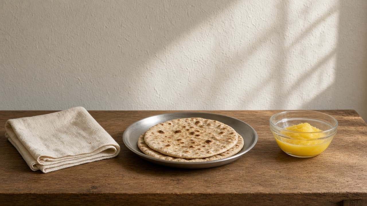 Two chapatis on a steel plate beside a small glass bowl of ghee.